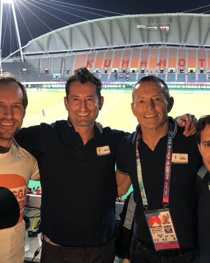 Dallen Stanford with fellow broadcasters at a Rugby World Cup stadium