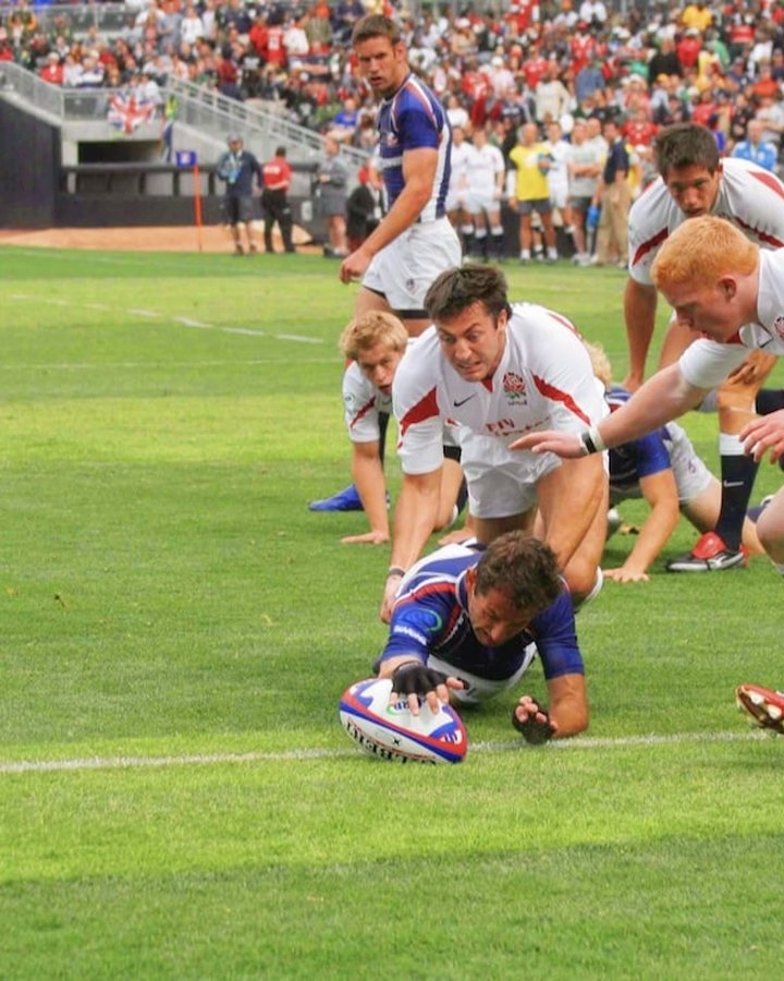 Diving to score a try for the USA Eagles
