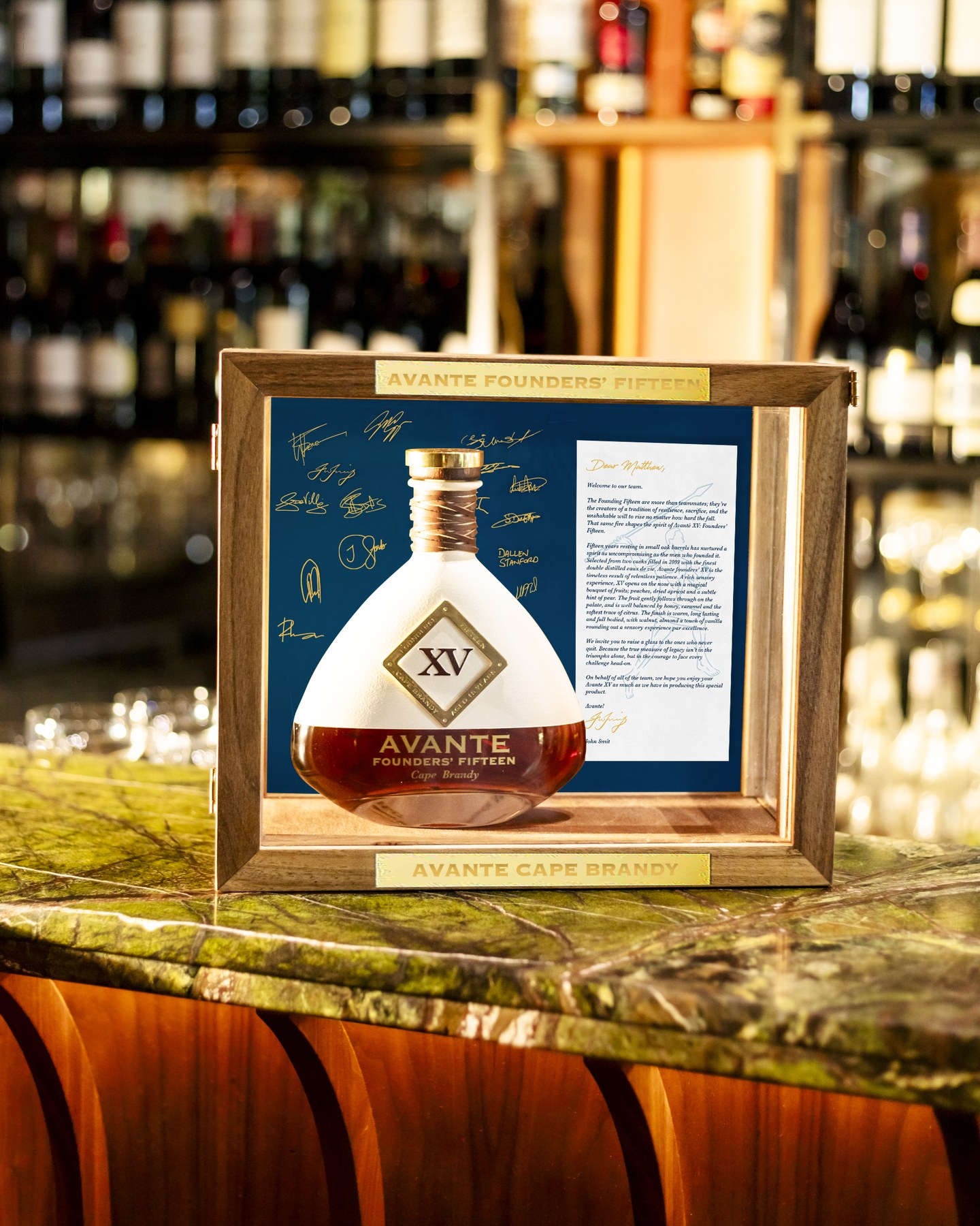 Avante Founders' Fifteen XV Cape Brandy in a signed display case