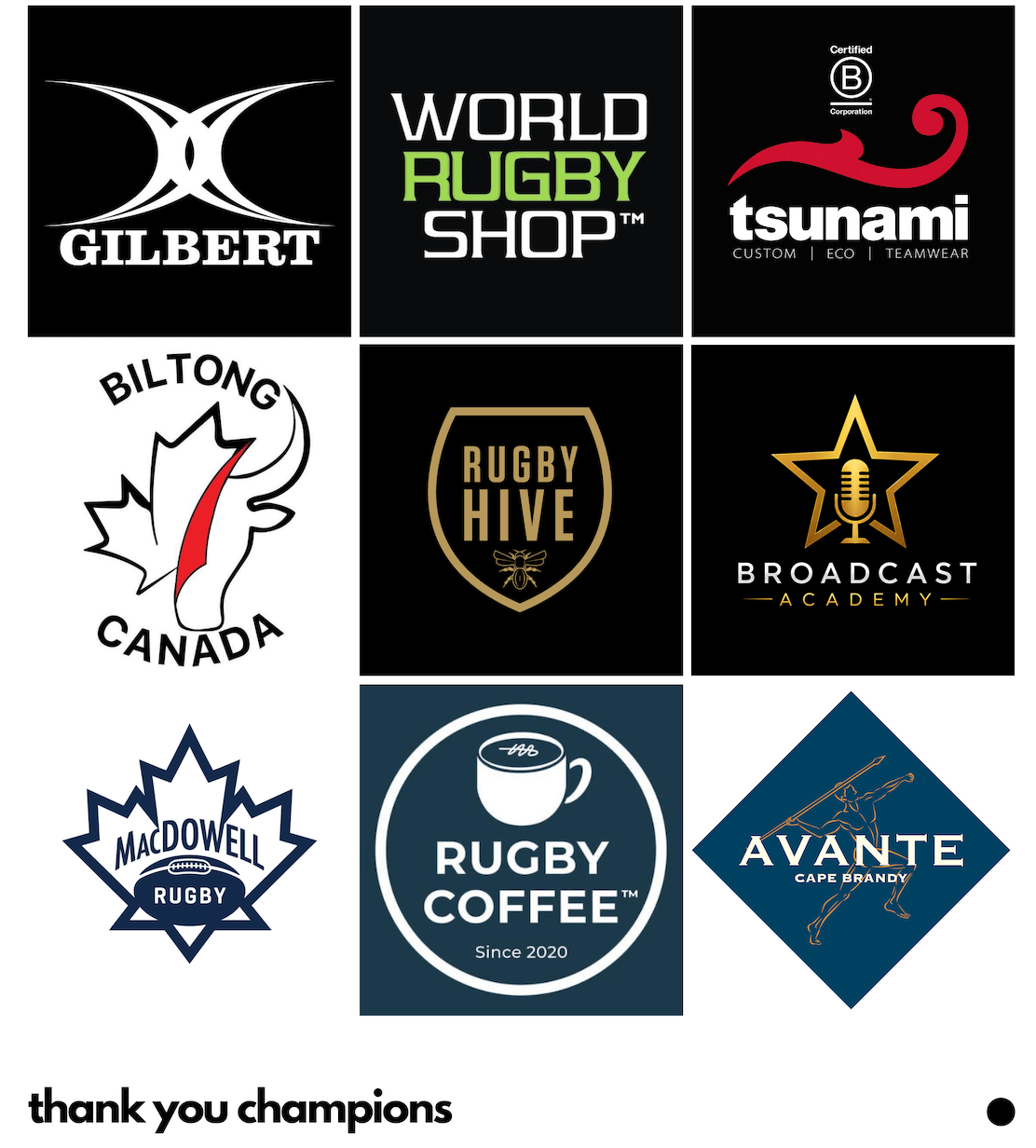 Rugby Hive Podcast partners: Gilbert, World Rugby Shop, Tsunami, Biltong Canada, Rugby Hive, Broadcast Academy, MacDowell Rugby, Rugby Coffee, Avante Cape Brandy