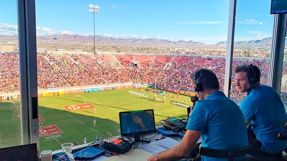 Play-by-play rugby commentary from a stadium commentary booth