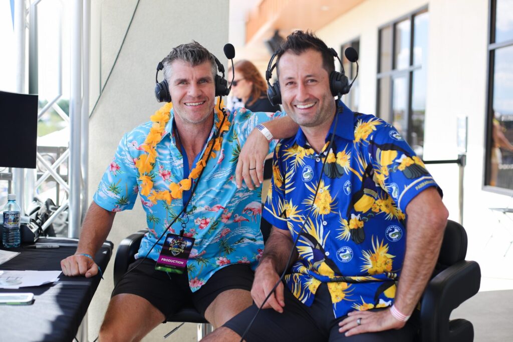 Dallen Stanford and a co-commentator calling a rugby sevens tournament